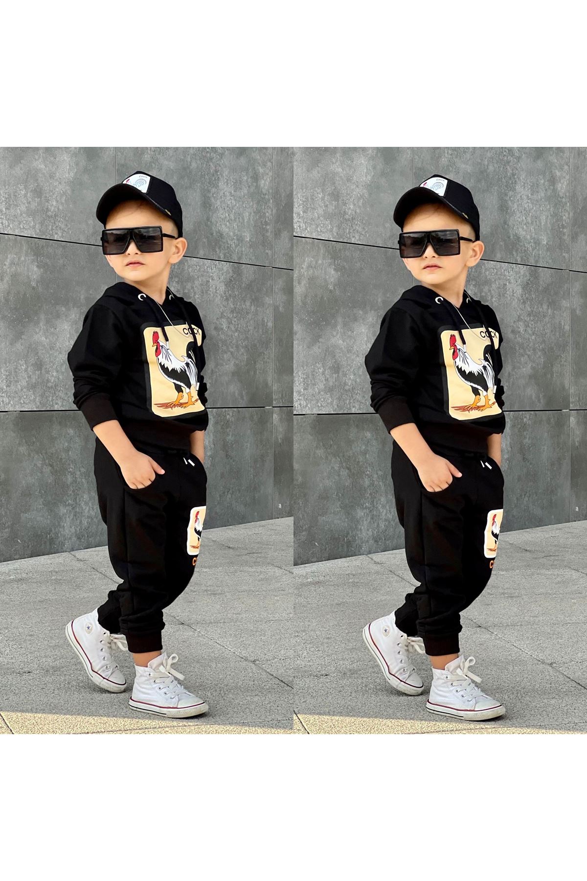Erkek çocuk Horoz Baskılı Şapkalı Kapüşonlu Siyah Takım