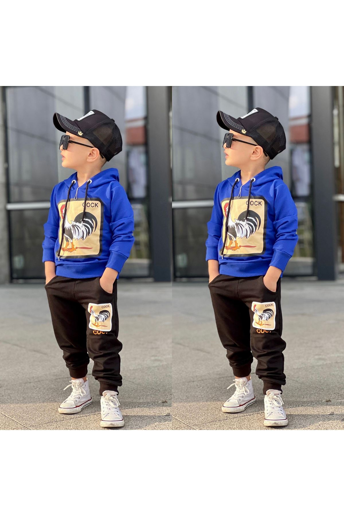 Erkek çocuk  Horoz Baskılı Şapkalı Kapüşonlu Mavi Takım